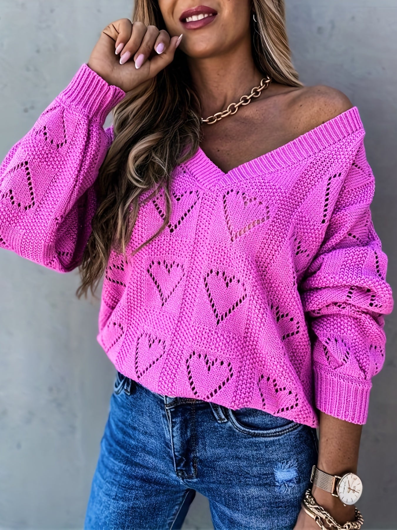 Heart Pattern Cut Out V Neck Sweater Casual Long Sleeve Sweater