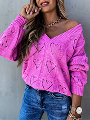 Heart Pattern Cut Out V Neck Sweater Casual Long Sleeve Sweater