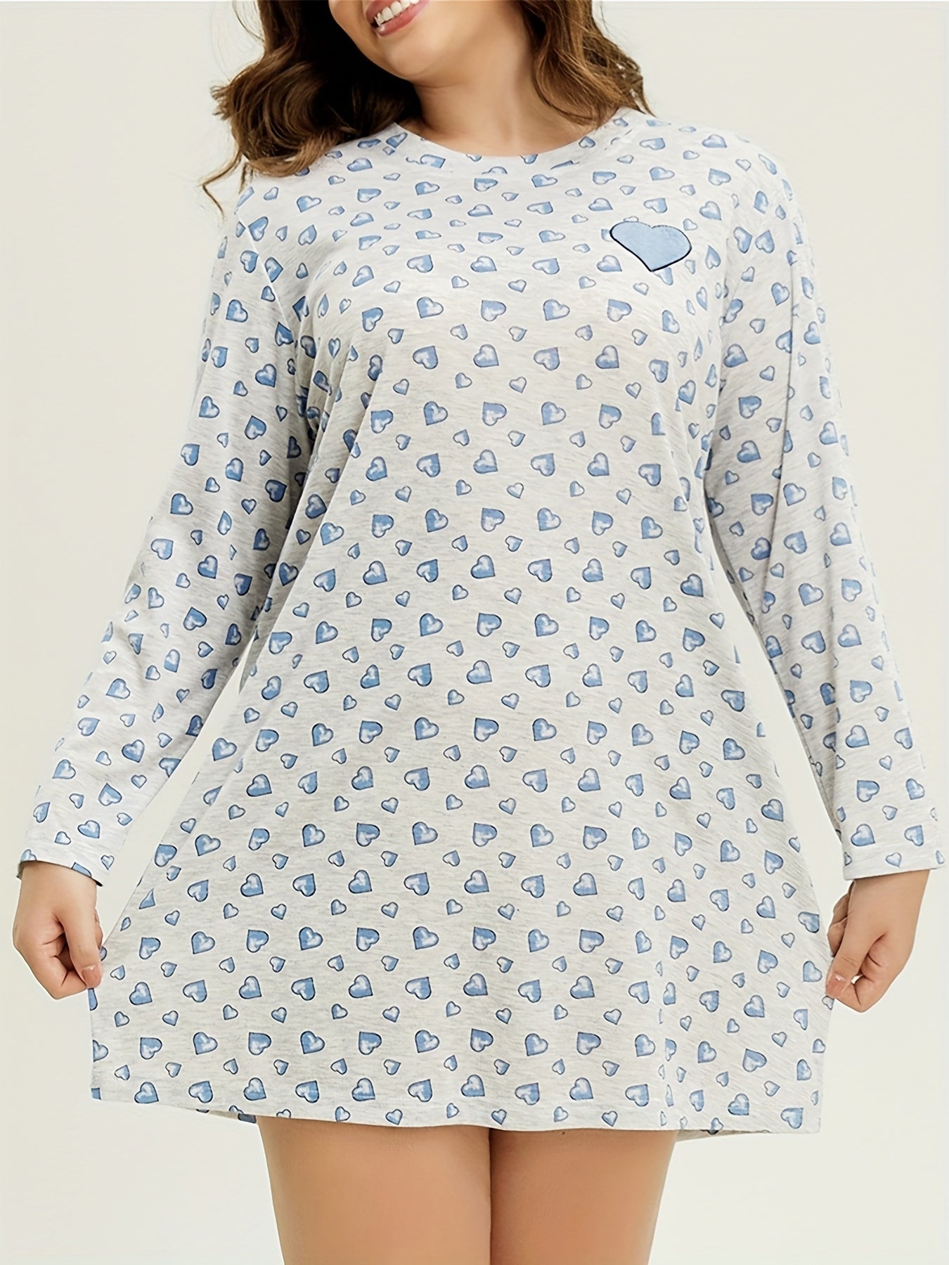 Heart Print Long Sleeve Round Neck Tee Sleep Dress