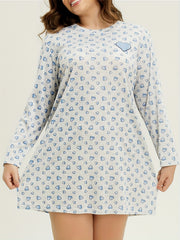 Heart Print Long Sleeve Round Neck Tee Sleep Dress