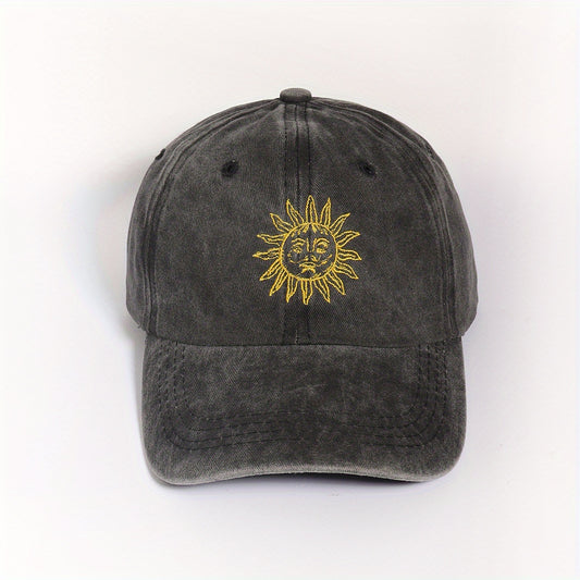 Vintage Sun Embroidery Baseball Cap Unisex Washed Gray Dad Hat