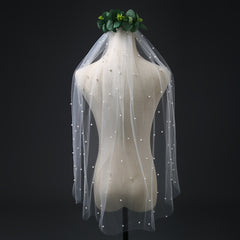 Bridal Pearl Veil Fingertip Length Tulle Wedding Decoration