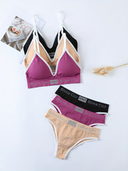 Letter Print Bra & Panties Set, Wireless Sports Bra & Elastic Panties