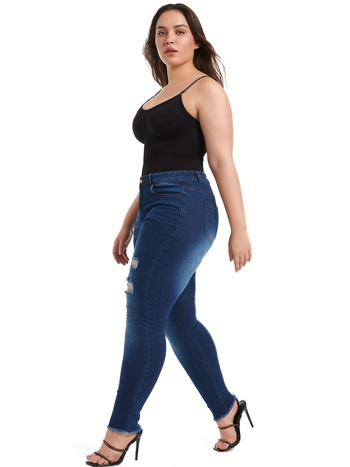 Plus Ripped Button Fly High Rise Tapered Jeans