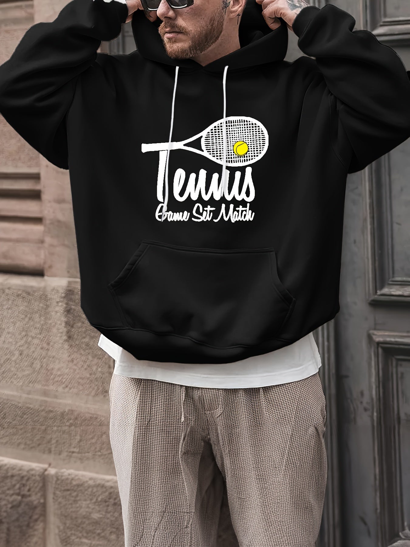 Men's Tennis Print Hoodie Comfy Loose Pullover