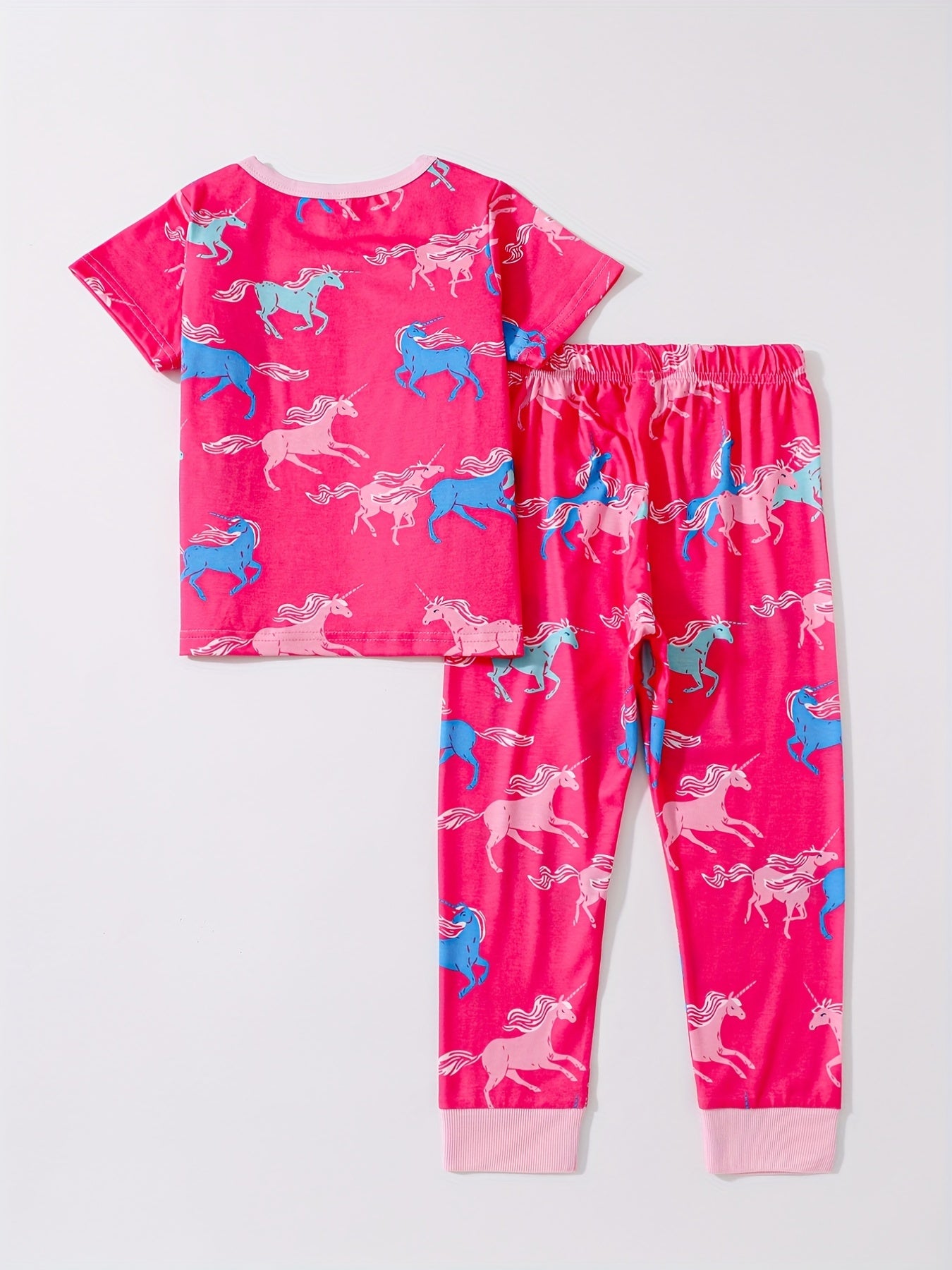 Unicorn Print Kid's Pajamas T shirt & Pants Set, Comfy PJ Set Girl's Lounge