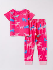 Unicorn Print Kid's Pajamas T shirt & Pants Set, Comfy PJ Set Girl's Lounge