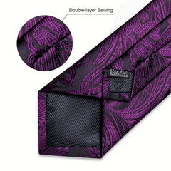 DiBanGu Formal Mens Necktie Set Silver Ring Purple Paisley Ties
