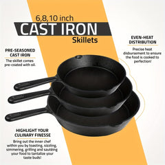 3pcs Saute Fry Pan Pre Seasoned Cast Iron Skillet Set Nonstick Frying Pan