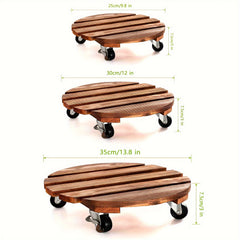 Wooden Plant Caddy Stand w/ Wheels 35cm - Heavy Duty Round Dolly Rollers