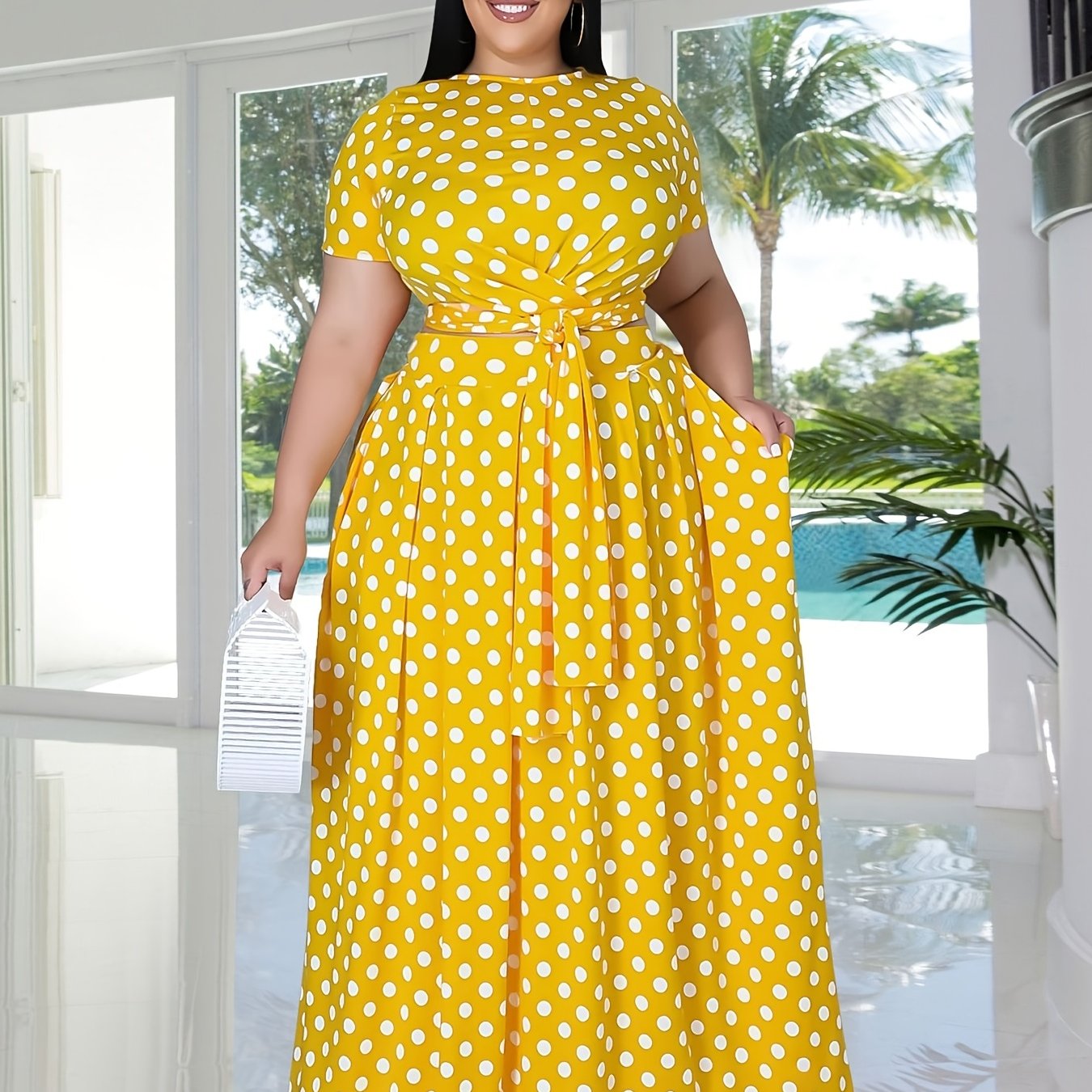 Polka Dot Print Short Sleeve Crop Top & Maxi Skirt Set