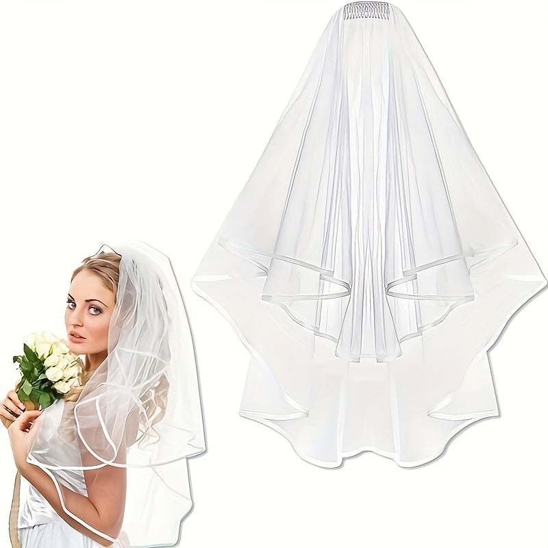 Bridal Veil with Double Ribbon Edges & Comb - Perfect Gift for Brides
