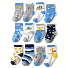 12 Pairs Boys Cartoon Knit Cotton Socks Non-Slip Crew Socks