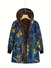 Abstract Print Hooded Coat Open Front Long Sleeve Outerwear