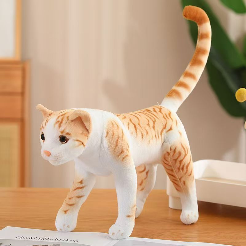 Yellow Striped Cartoon Cat Plush Toy with Green Eyes