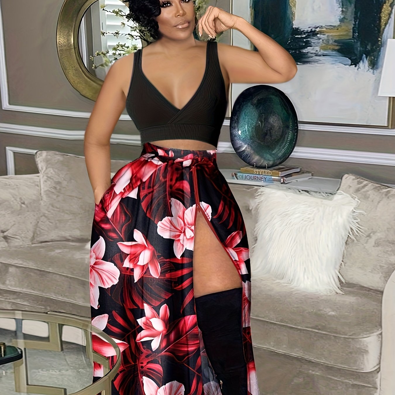Vintage Floral Print Maxi Skirt with Split Thigh