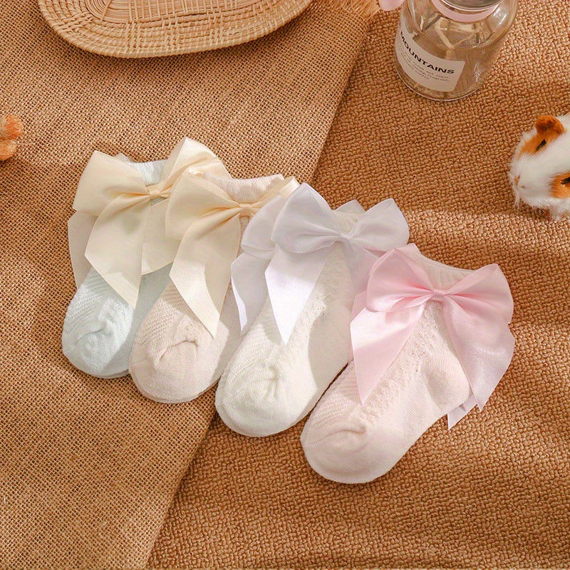 Girls' Retro Mesh Court Style Crew Socks, Big Bow Design