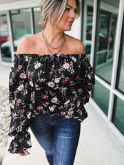 Off Shoulder Floral Print Blouse Women's Plus Semi Sheer B