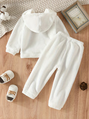 Kids 2pcs Fleece Pajamas Hooded Top & Pants Set Lion Embroidery Loungewear