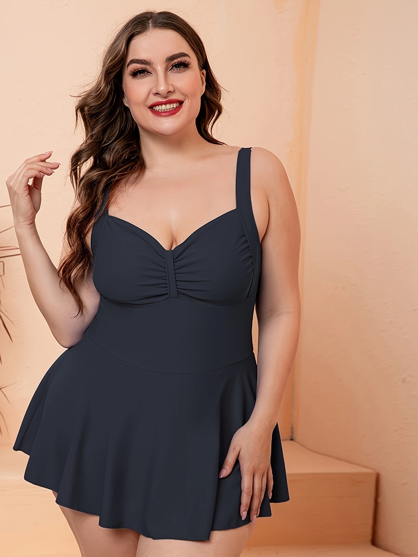 Modest Swimsuit Women's Plus Solid Sweetheart Neck Ruched Tummy Contro