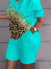 Glitter Leopard Print 2 Piece Set Round Neck Top & Shorts
