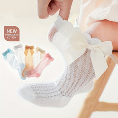 5 Pairs Casual Ruffled Bow Knit High Socks Girls Accessories