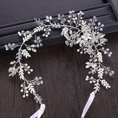 Leaf Shape Faux Pearl Head Piece Ribbon Bridal Hair Accessory