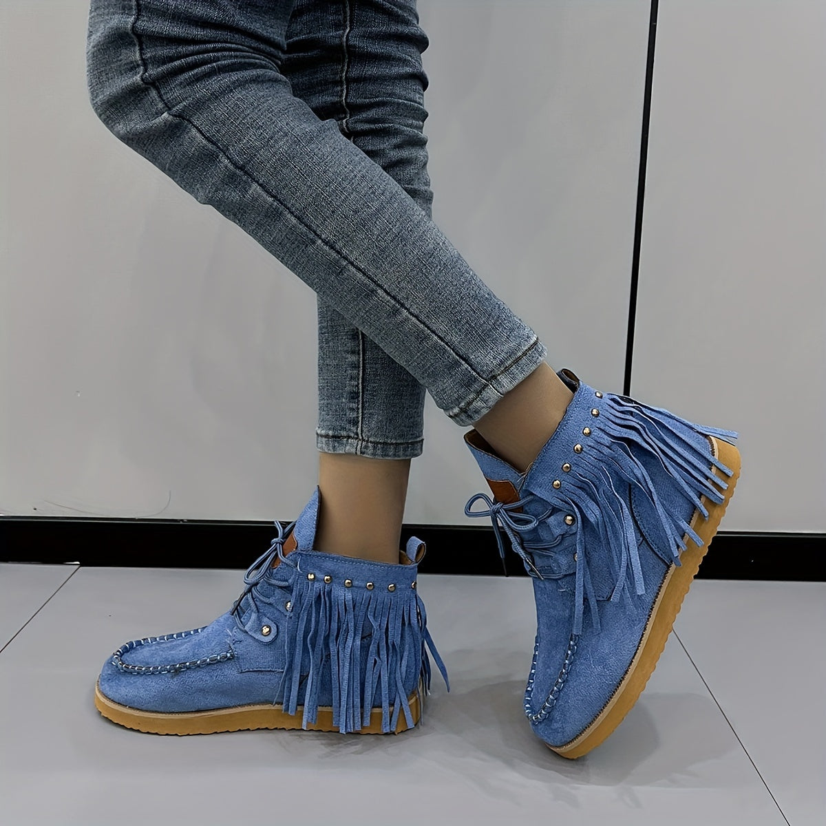 Women's Tassel Flat Ankle Boots Lace Up Anti skid High Top Boots