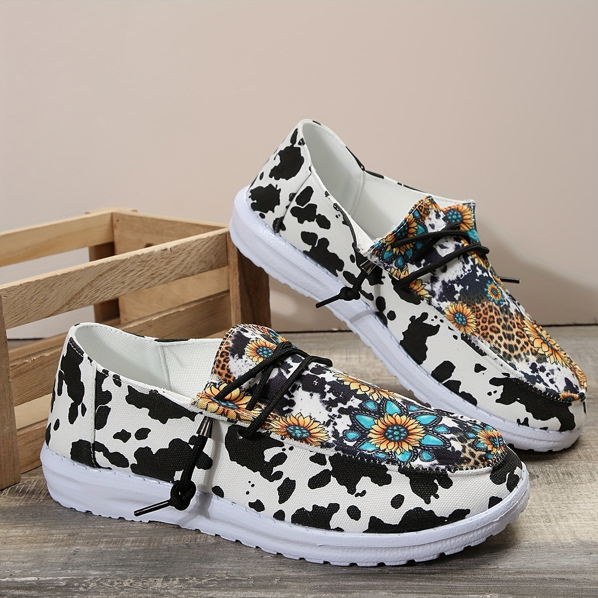 Sunflower & Cow Print Boat Shoes Lightweight Flats