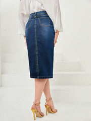 Solid High Rise Midi Denim Skirt