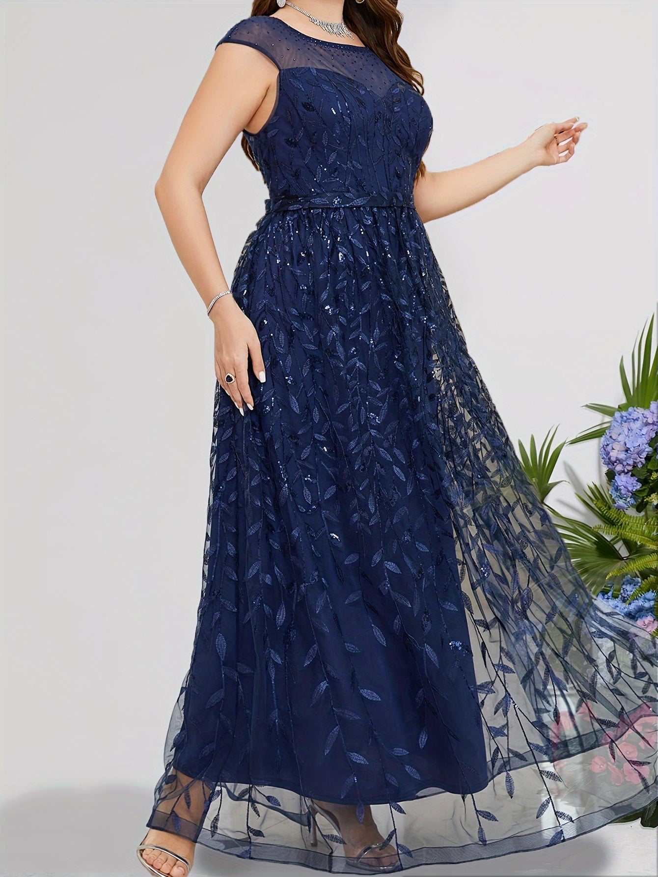 Leaf Print Sequin Cap Sleeve Maxi Evening Formal Dress