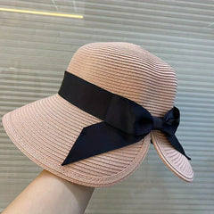 Bowknot Ponytail Sun Hat Vintage Wide Brim Straw Hats Classic Foldable