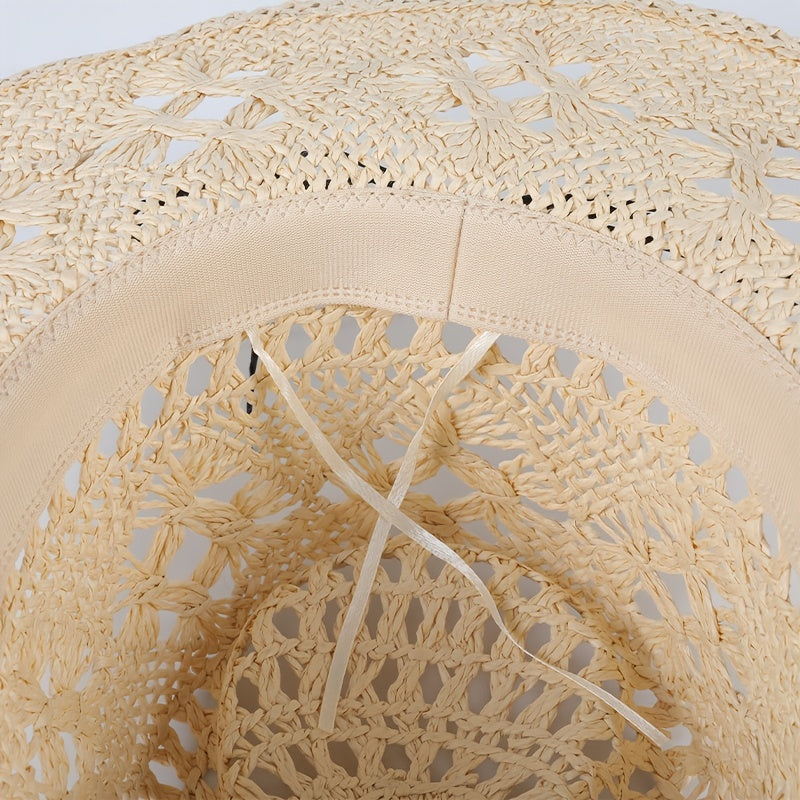 Khaki Straw Cowboy Hat Beads Chain Summer Travel Sun Hat