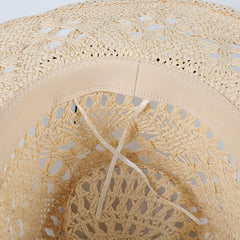 Khaki Straw Cowboy Hat Beads Chain Summer Travel Sun Hat