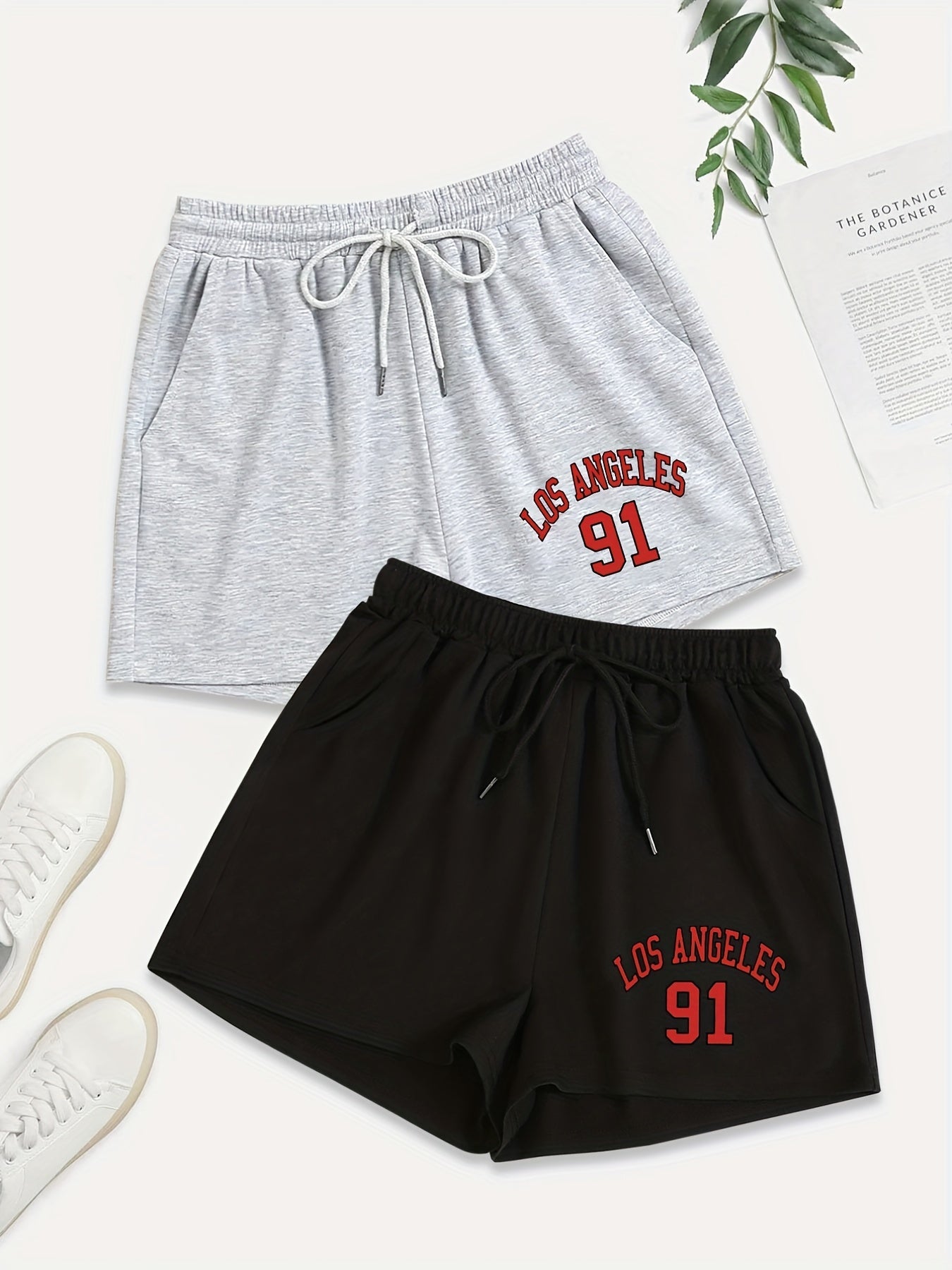 2 Pack Women's Plus Sporty Shorts Set - Letter & Number Print, Elastic Waist