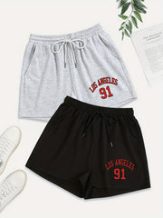 2 Pack Women's Plus Sporty Shorts Set - Letter & Number Print, Elastic Waist