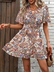 Paisley Print Layered Shirred Waist Dress Boho Short Sleeve Dress