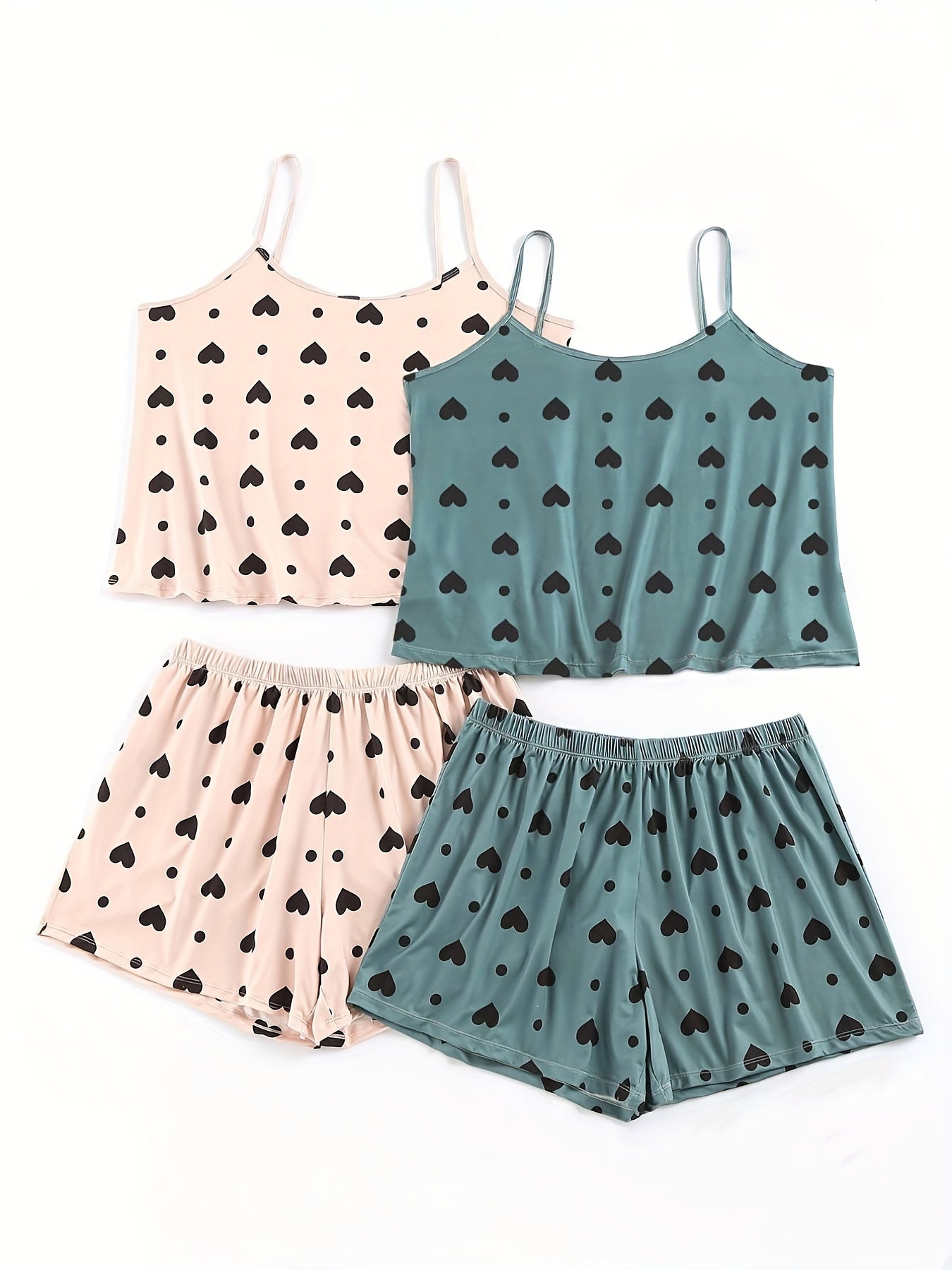 4 Pack Plus Size Women's Heart Print Pajama Set - Cami Top & Shorts