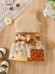 2pcs Baby Girls Cold Shoulder Tops & Flowers Allover Print Skirt