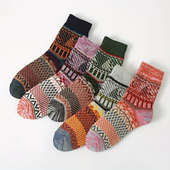 5 Pairs Geometric Pattern Colorblock Crew Socks Women's Stockings