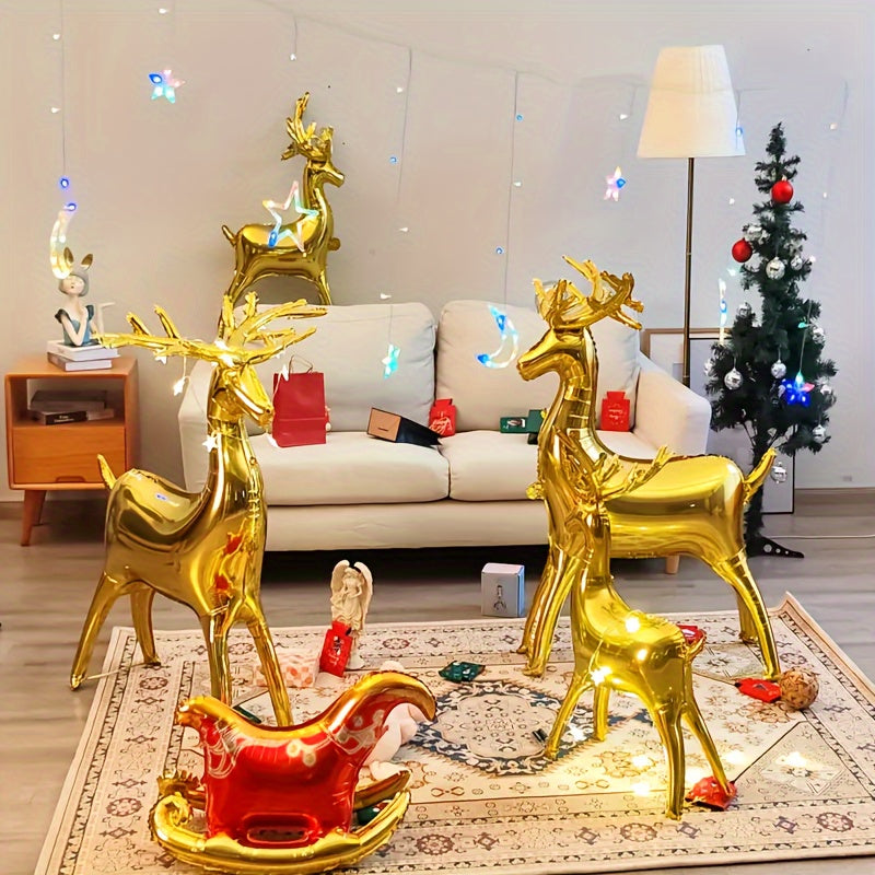 3pcs Christmas Foil Balloons Large Reindeer & Santa's Sleigh Mylar Balloons
