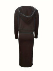Solid V Neck Hoodie & Tank Dress Outfits Set