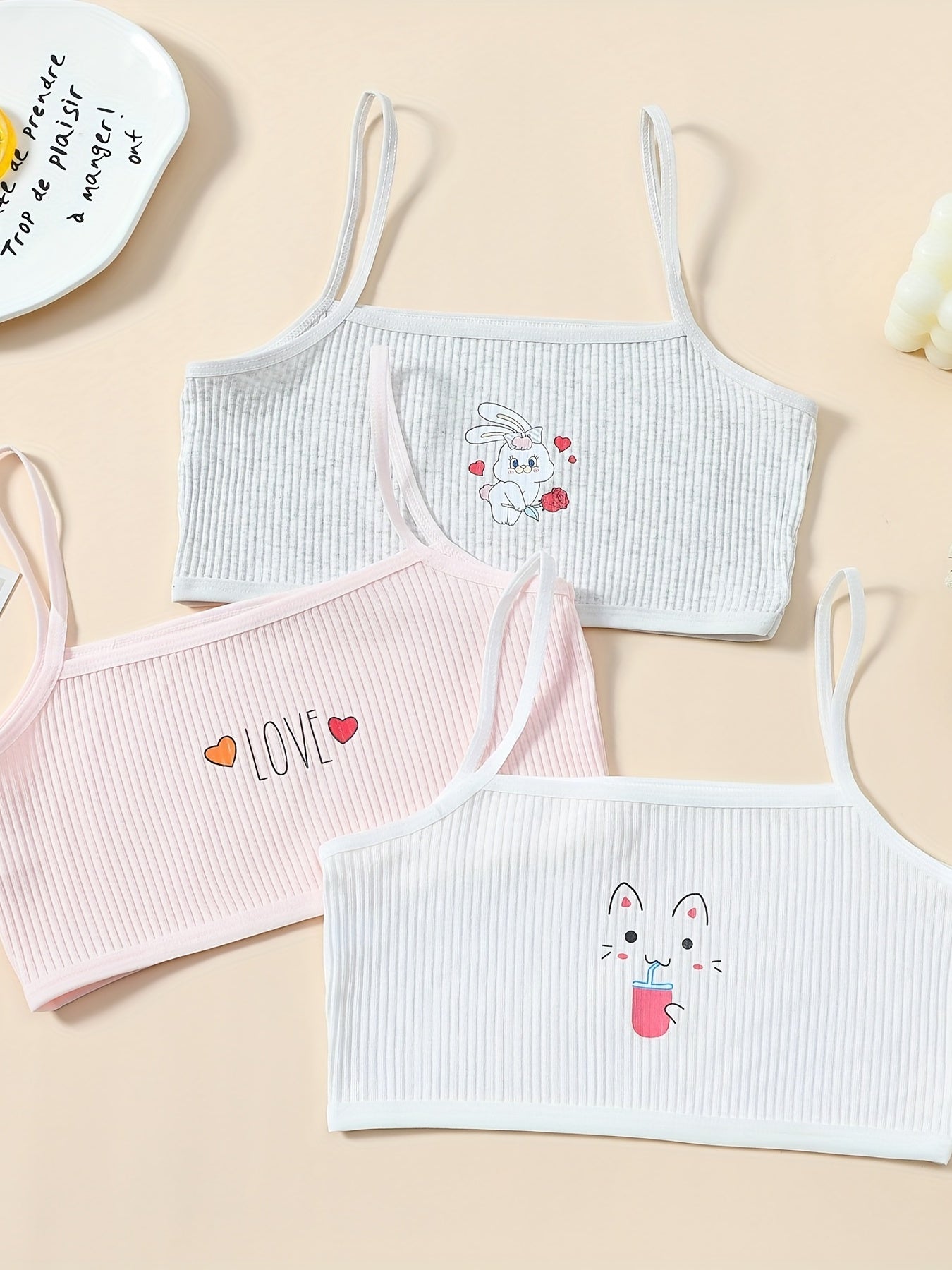 3pcs Girl's Elastic Soft Bras Cartoon Graphic Undershirts Set For 9-14 Years