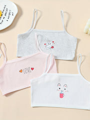 3pcs Girl's Elastic Soft Bras Cartoon Graphic Undershirts Set For 9-14 Years