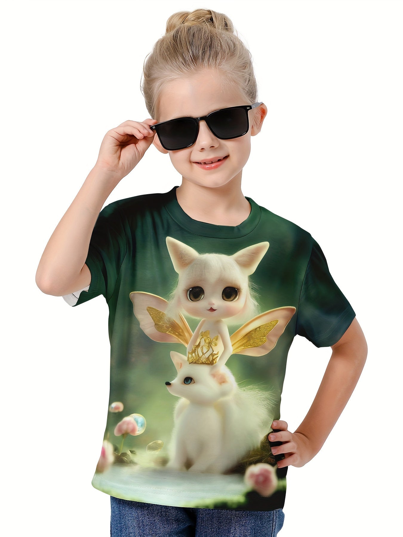 Girls 3D Cartoon Fox Wings Graphic Short Sleeve T-shirt Top For Summer Sports