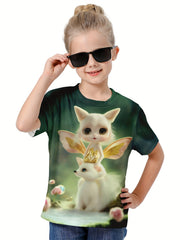 Girls 3D Cartoon Fox Wings Graphic Short Sleeve T-shirt Top For Summer Sports