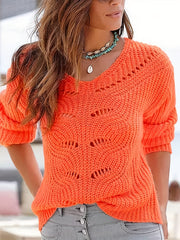 V Neck Knit Sweater Long Sleeve Solid Sweater