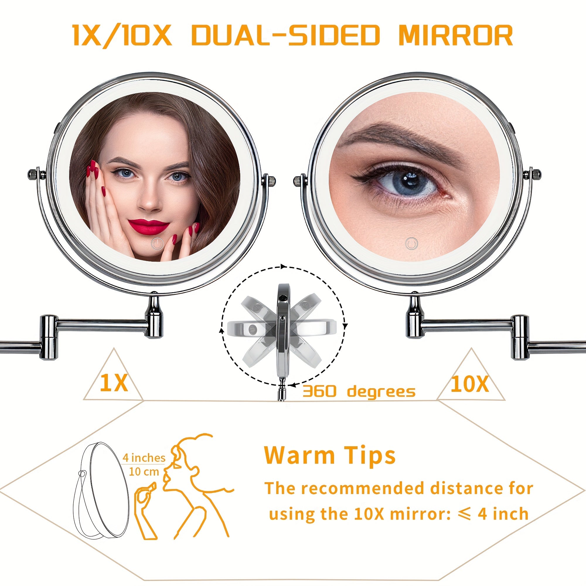 32 Cm Wall Mounted Makeup Mirror 1X 10X LED Magnifying Vanity Mirror