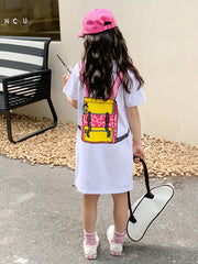Girl's Backpack Pattern Dress Casual Cotton Short Sleeve Loose Dress