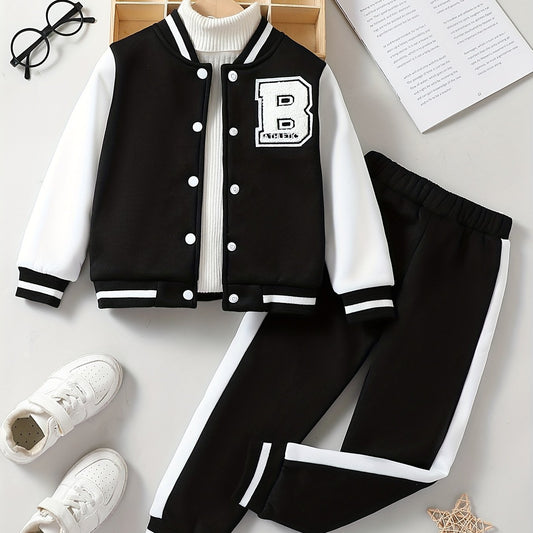 Boy's 2pcs Baseball Jacket & Sweatpants Set Letter B Print Top Outfit